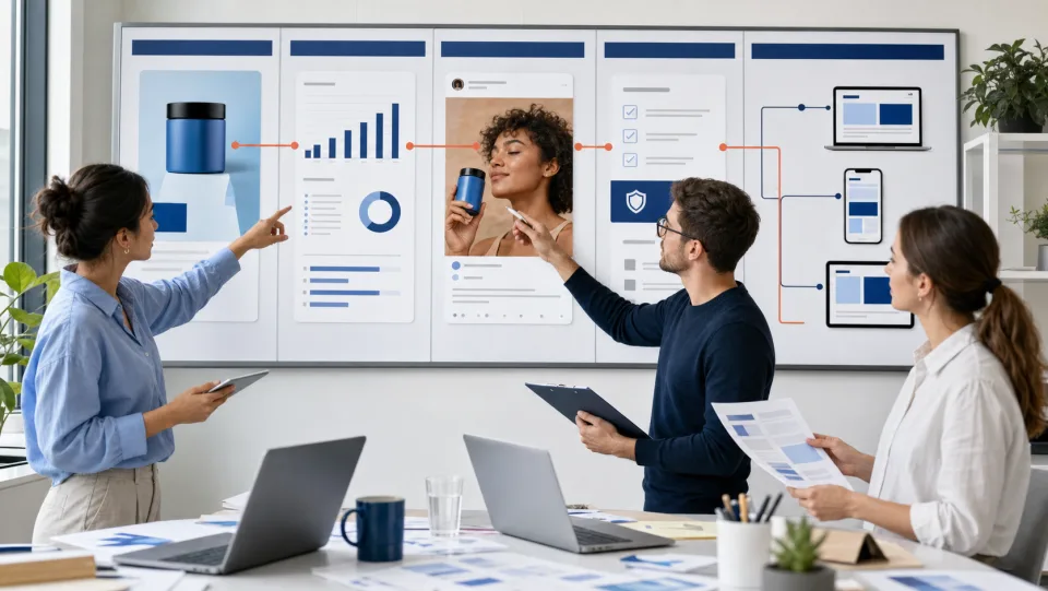 Marketing team checking a campaign claim against evidence, creator rights and channel requirements