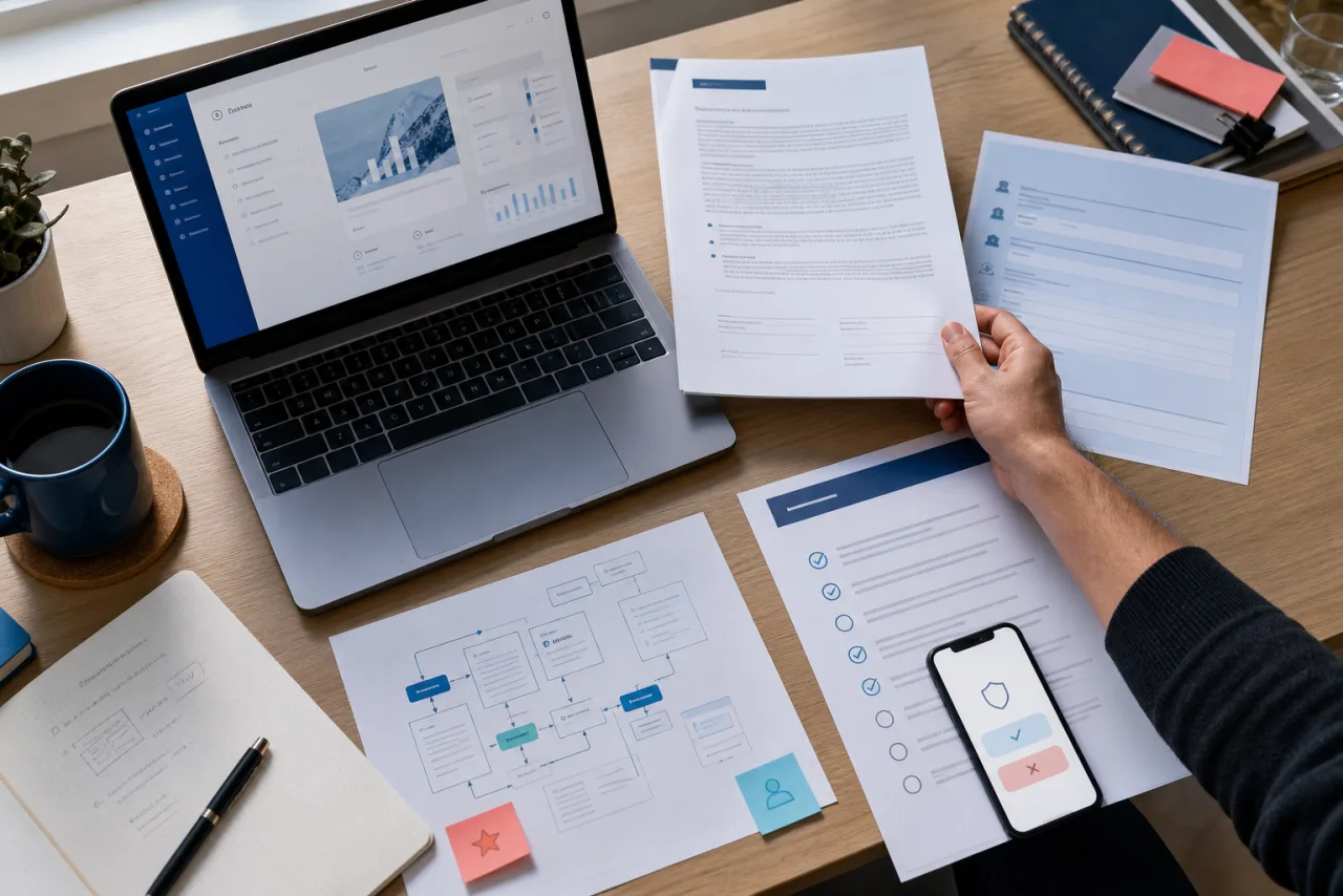 Planning desk with a SaaS agreement, data-flow map, campaign brief and platform checklist